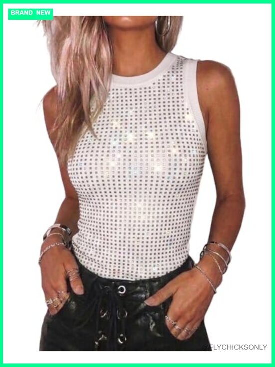 Tops - Sleeveless Rhinestone Ribbed Knit Tank Top Party Y2K Outfit